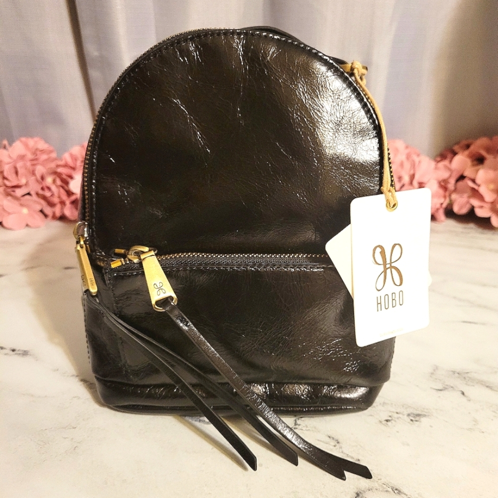 NWTs HOBO Shiny Glazed Black Leather 'Ravel' Crossbody & Backpack Conver…